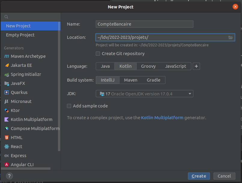 Creation projet CompteBancaire